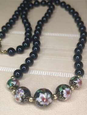 Vintage 60s Black Pink Cloisonne Necklace Painted Floral  24"
